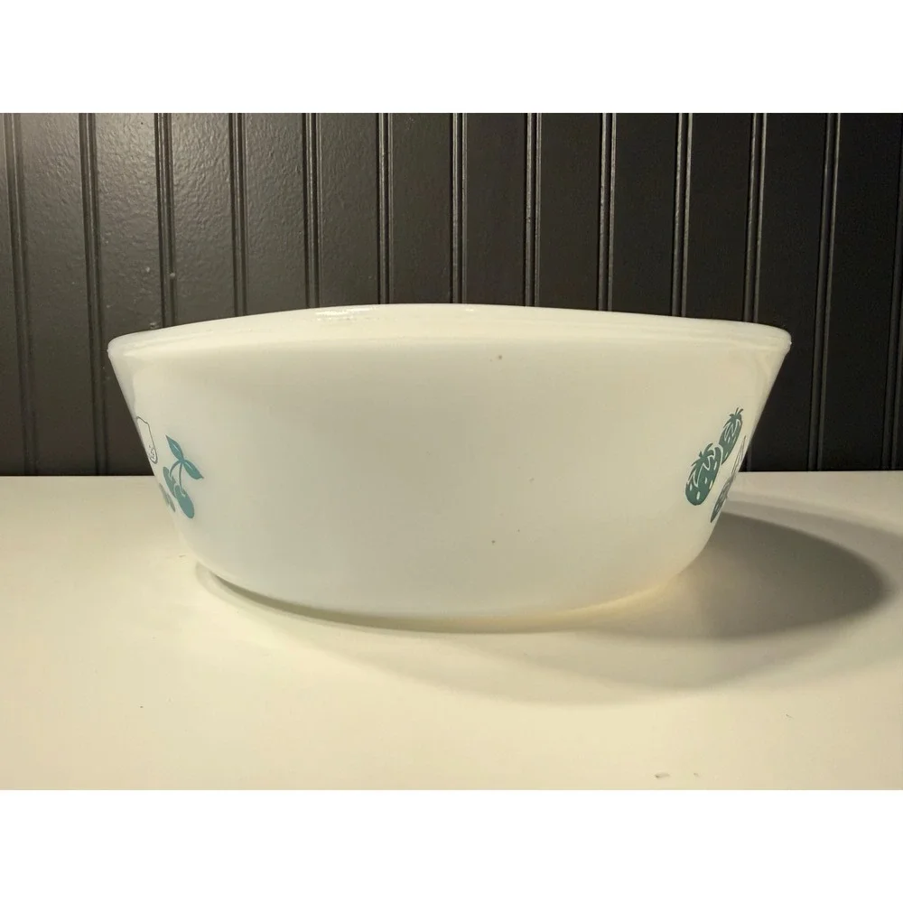 vintage Glasbake milk glass casserole dish a turquoise blue fruit and vegetable